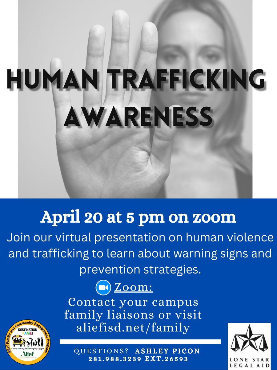 Alief_Fame's tweet image. Here are our virtual workshops for the month of April! We will be discussing...

&quot;The Dangers of Vaping&quot;, on 04/18/2023 @ 5:00 P.M

&quot;Human Trafficking Awareness&quot;, on 04/20/2023 @ 5:00 P.M 

Join these workshops for great information on these topics!

#VirtualWorkshops
#AliefFame