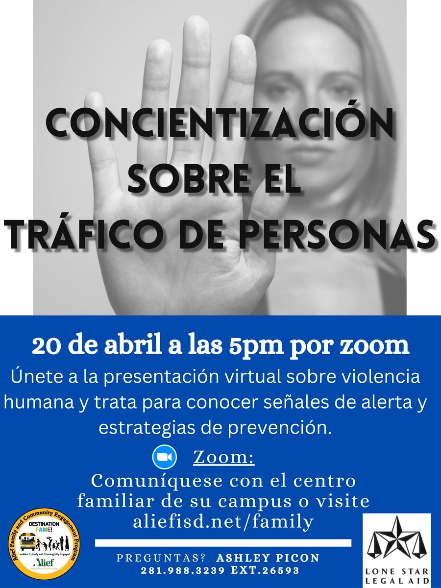 Alief_Fame's tweet image. Here are our virtual workshops for the month of April! We will be discussing...

&quot;The Dangers of Vaping&quot;, on 04/18/2023 @ 5:00 P.M

&quot;Human Trafficking Awareness&quot;, on 04/20/2023 @ 5:00 P.M 

Join these workshops for great information on these topics!

#VirtualWorkshops
#AliefFame