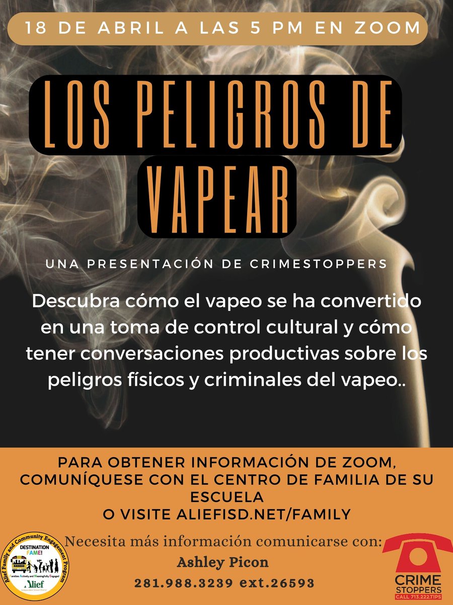 Alief_Fame's tweet image. Here are our virtual workshops for the month of April! We will be discussing...

&quot;The Dangers of Vaping&quot;, on 04/18/2023 @ 5:00 P.M

&quot;Human Trafficking Awareness&quot;, on 04/20/2023 @ 5:00 P.M 

Join these workshops for great information on these topics!

#VirtualWorkshops
#AliefFame