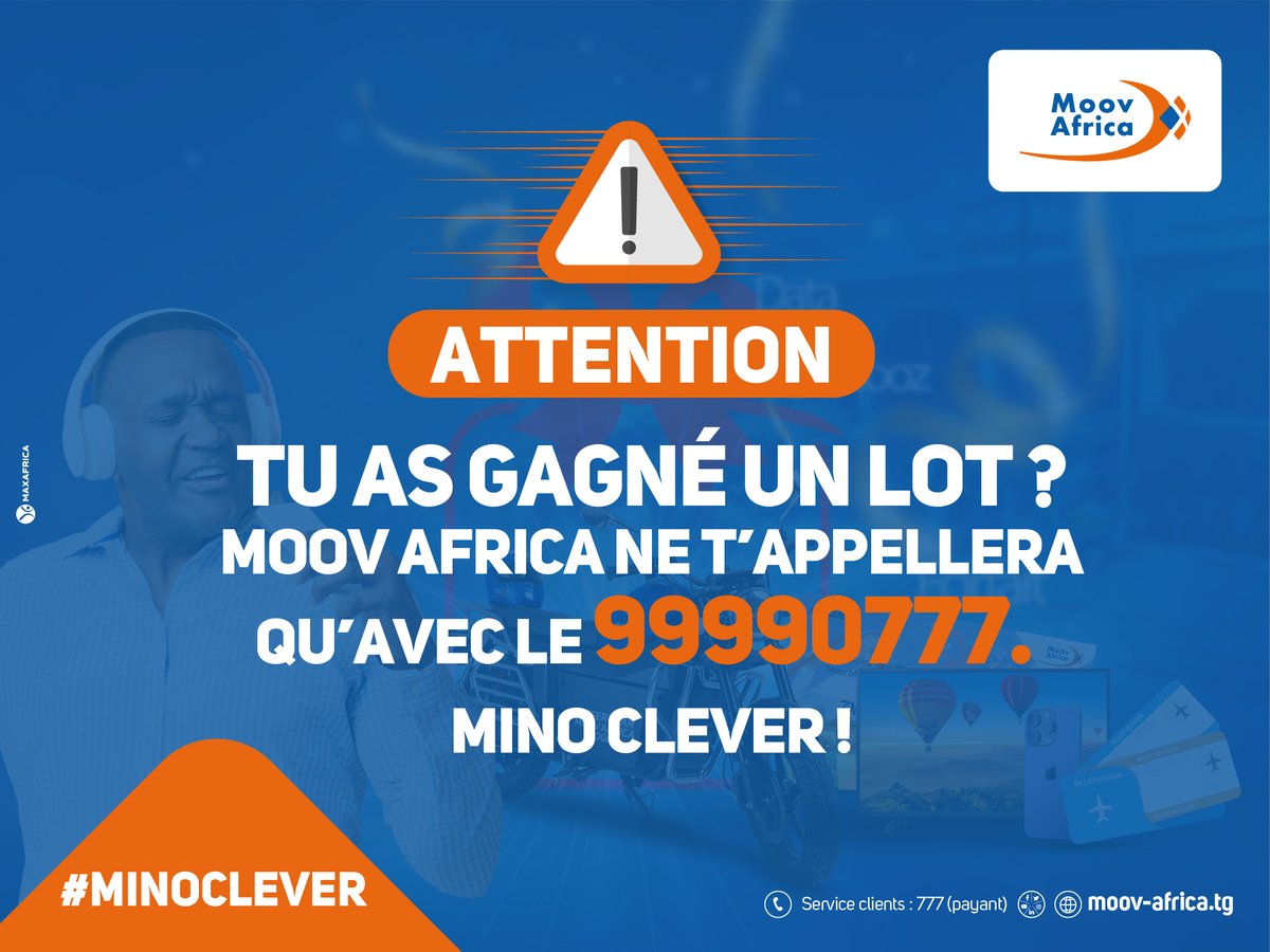 moovafricatg's tweet photo. ❗ATTENTION❗
Famille, soyez vigilant! Les heureux gagnants de la Promo Conso #MoovShare seront contactés par #MoovAfrica uniquement avec le numéro 99990777. #MinoClever !

#Promo #Anarque #Alerte #MoovAfricaTogo https://t.co/5b0saXtGtM