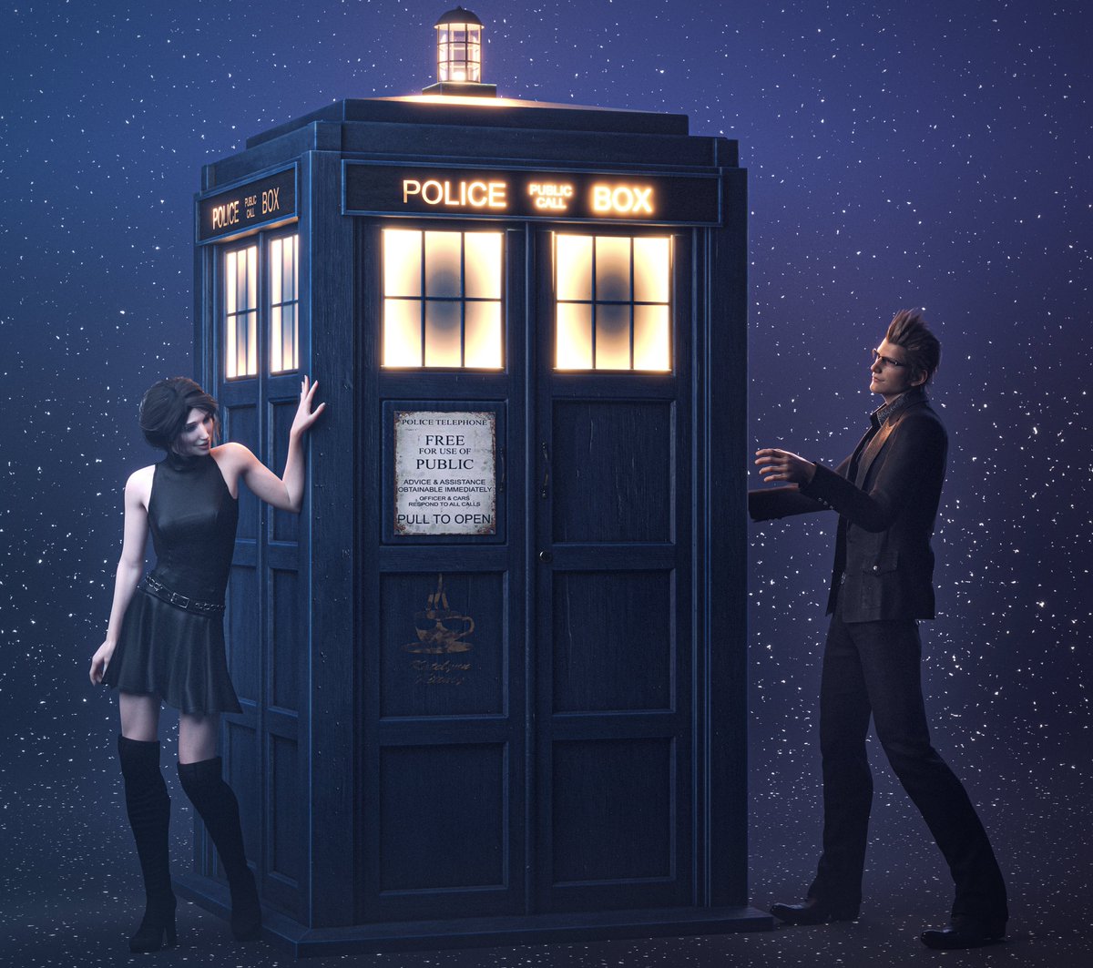 “This time and space ship is made of wood,” he said flatly.

Chapter 41: Born to Dance in the Dark
archiveofourown.org/works/15088619…

#ignis #ignisscientia #ffxv #ff15 #fanfiction #ignisxoc #TARDIS
TARDIS model by Grip420 on Sketchfab.