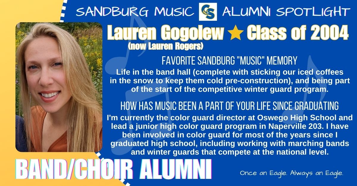 CSHS Music Boosters (@csmusicboosters) on Twitter photo Alumni Spotlight: During her time at Sandburg Lauren particpated in curricular band, curricular choir, and color guard.
<a href="/SandburgHS/">Carl Sandburg H.S.</a> <a href="/CSEngMusEL/">English, Music, EL, and Media Center @SandburgHS</a> <a href="/SandburgChoirs/">SandburgChoirs</a> <a href="/SandburgBands/">Sandburg Bands</a>
#onceaneaglealwaysaneagle #AlumniSpotlight #musiclifestyle #music #EaglePride Alumni Spotlight: During her time at Sandburg Lauren particpated in curricular band, curricular choir, and color guard.
<a href="/SandburgHS/">Carl Sandburg H.S.</a> <a href="/CSEngMusEL/">English, Music, EL, and Media Center @SandburgHS</a> <a href="/SandburgChoirs/">SandburgChoirs</a> <a href="/SandburgBands/">Sandburg Bands</a>
#onceaneaglealwaysaneagle #AlumniSpotlight #musiclifestyle #music #EaglePride