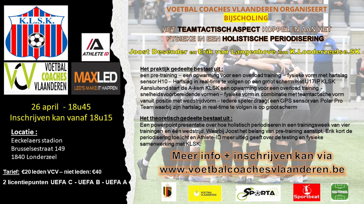 Voetbal Coaches Vlaanderen en K.Londerzeel.SK slaan de handen nog eens in elkaar voor een bijscholing met een vooruitstrevend thema. Hoe het teamtactische aspect koppelen aan het fysieke in een holistisch periodisering.  Lees alles na op: sklonderzeel.be/1573-20230414-…