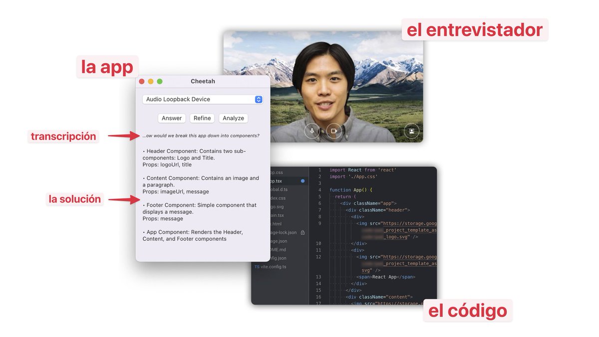 Buffff... ¡esto es BRUTAL! Y da mucho miedo.

Cheetah es un programa que usa IA para pasar pruebas técnicas y entrevistas que haces en remoto.

Escucha la conversación, le das a "Answer" y te da la solución.

Cheetah usa Whisper para la transcripción del audio en tiempo real y