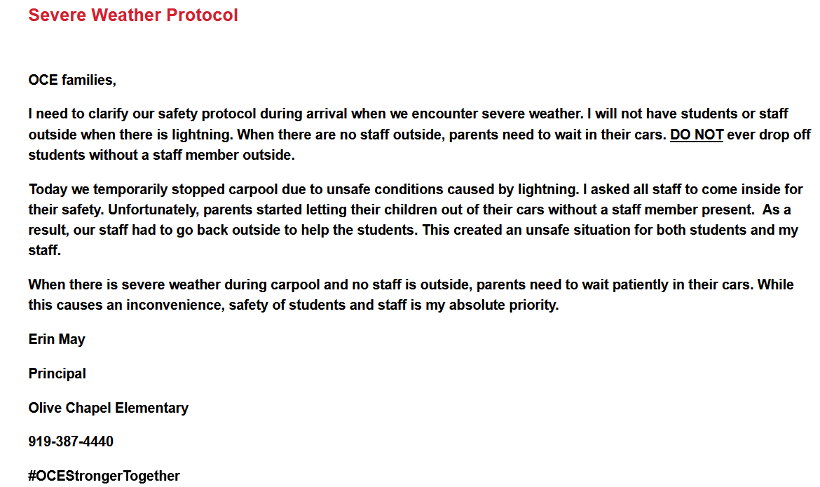 💥Important message from Principal May💥
<a href="/ErinKelleyMay/">Erin May at OCE</a> #SafetyFirst