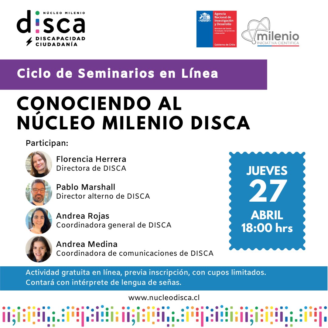 NucleoDISCA's tweet photo. Les invitamos a nuestro primer seminario en línea: Conociendo al Núcleo Milenio DISCA.
Acompáñenos el jueves 27 de abril, a las 18:00 horas. Es una actividad gratuita previa inscripción en https://t.co/9vv0nUjkU2.
Contaremos con intérprete de lengua de señas.
#CentrosAnid https://t.co/gGAkodpOg7