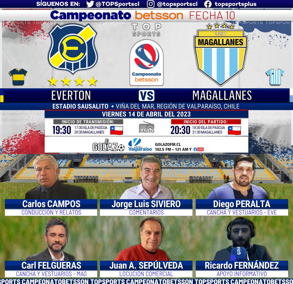 #CampeonatoBetsson ⚽️🇨🇱 Fecha 10
#Everton - #Magallanes

🎙️ <a href="/ccamposfutbol/">Carlos Campos Castro</a> 
🎙️ <a href="/SivieroJorge/">Jorge Luis Siviero V</a> 
🎙️ <a href="/Peraltafifo/">Diego Peralta</a> 
🎙️ <a href="/CarlFelgueras/">Carl Felgueras</a> 
🎙️ <a href="/Ay_juan/">Juan Alb.Sepúlveda</a> 
🎙️ <a href="/ricardomfv76/">Fútbol ⚽️</a>  

#⃣  #GolazoRadio
📻 <a href="/goolazoradio/">Golazo Radio</a> vía RRSS y <a href="/RadioValparaiso/">Radio Valparaíso</a> 102.5 FM / 121 AM
🔃❤️