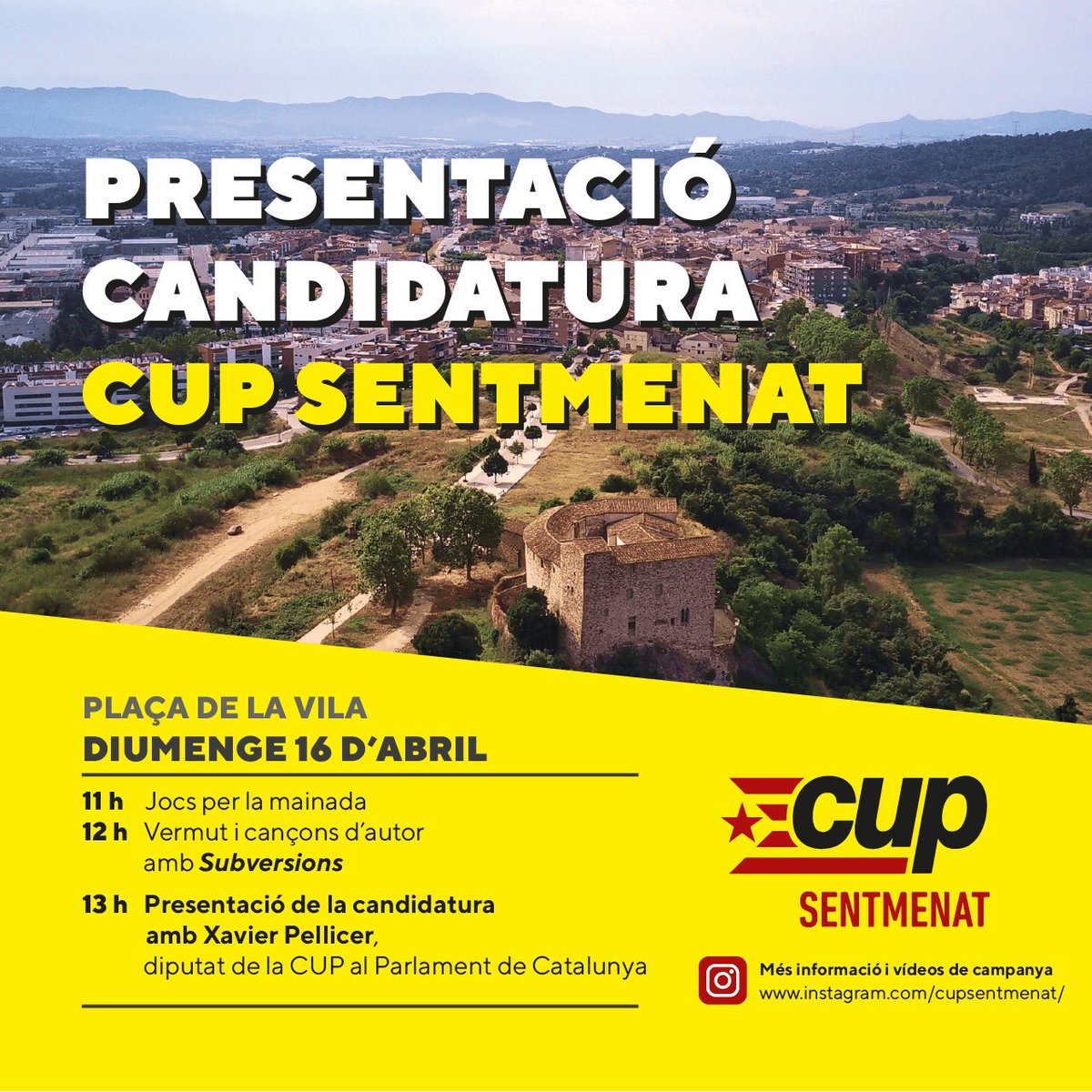 Falten 3 dies per la ⚡️PRESENTACIÓ CANDIDATURA de la CUP SENTMENAT⚡️

📆16 ABRIL
📍PLAÇA DE LA VILA
📝AMB XAVI PELLICER (DIPUTAT CUP AL PARLAMENT)

👏🏻NO HI FALTIS! ENTREM AMB FORÇA A L’AJUNTAMENT #28MAIG