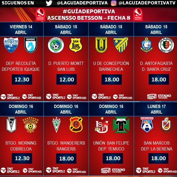 Laguadeportiva1's tweet photo. #CampeonatoBetsson 🇨🇱 con la #DecimaFecha, que se juega entre el viernes 14 y lunes 16 de abril.
📺 @CDPalestinoSADP vs @ClubDepCobresal por @canal13 y @deportes_13

#AscensoBetsson 🇨🇱 con la #OctavaFecha, que se juega entre el viernes 14 y lunes 16 de abril.

⚠️ Sujeta a cambios https://t.co/bAhMo6jWEk