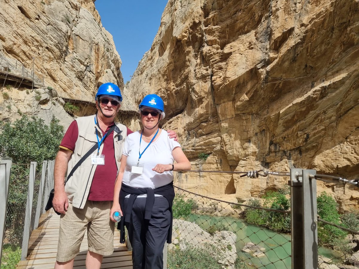 ChrisMorrisUK's tweet photo. Brilliant experience traversing the Caminito del Rey about an hour inland from Malaga. Head for heights needed as the sheer drop from the cliff hugging pathway is around 100 metres.  Hat ruined my hair too! https://t.co/yRrTR3LxQo