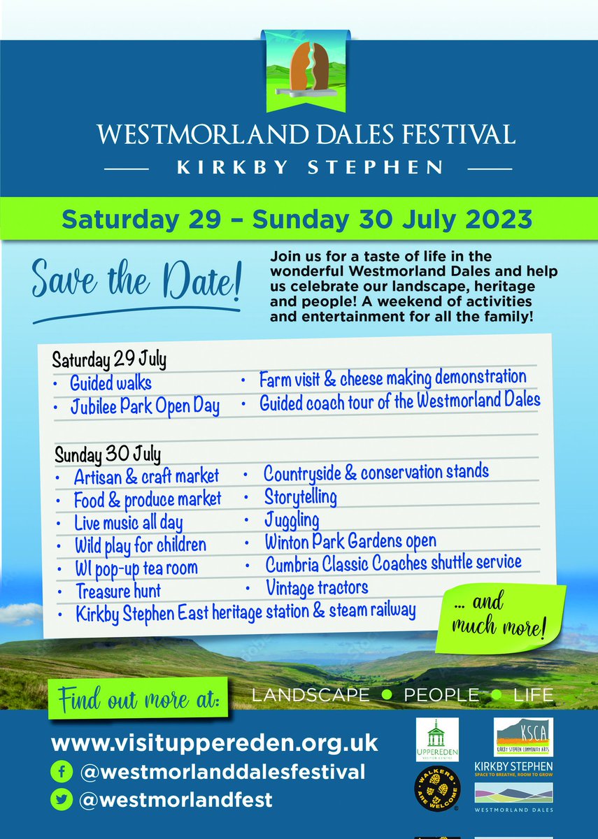 Westmorland Dales Day (@westmorlandday) on Twitter photo Westmorland Dales Day is now a two-day Festival! This account will be closing shortly - please follow us <a href="/westmorlandfest/">Westmorland Dales Festival</a> & we'll look forward to seeing you in Kirkby Stephen on Saturday 29 & Sunday 30 July 2023! Westmorland Dales Day is now a two-day Festival! This account will be closing shortly - please follow us <a href="/westmorlandfest/">Westmorland Dales Festival</a> & we'll look forward to seeing you in Kirkby Stephen on Saturday 29 & Sunday 30 July 2023!