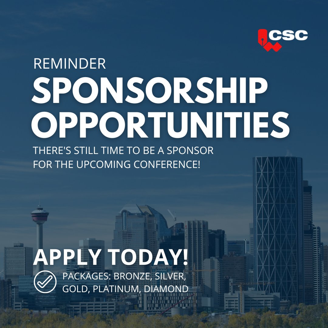 csc_dcc's tweet image. There&apos;s still time to sponsor CSC&apos;s &quot;Pursuing New Heights&quot; conference this coming May in Calgary, Alberta!

Don&apos;t miss this opportunity to showcase your company and gain valuable exposure. Visit csc-dcc.ca/Conferences/sp…

#CSCConference #Sponsorship #BusinessGrowth