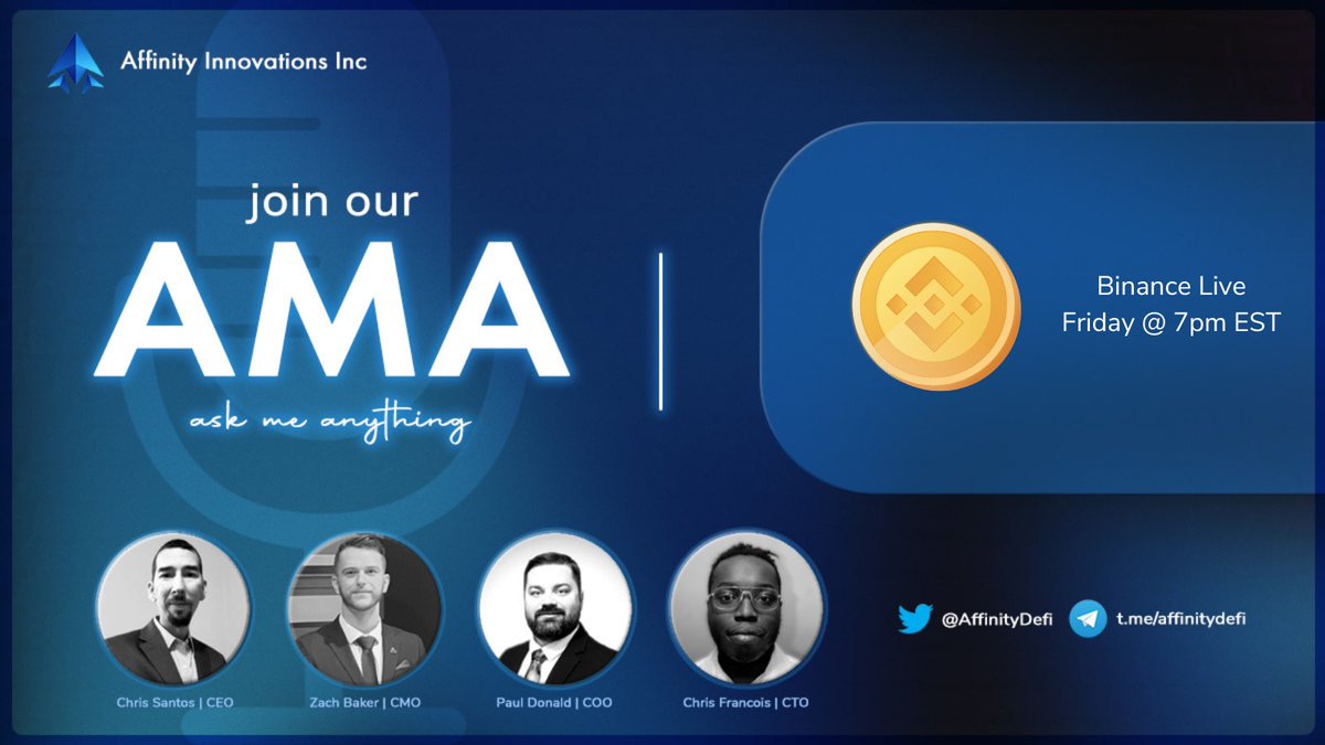 AffinityDefi's tweet photo. Todays the day! 

Jam packed Friday for #Affinity!

First we start with our #AMA hosted by @RealCryptoJamie on #Binance Live @ 7pm EST!

Following the AMA don’t forget #AffinityFriday is also TODAY! 

#Spaces will be scheduled soon. Have a great Friday and see everyone tonight! https://t.co/D93a38VwTF