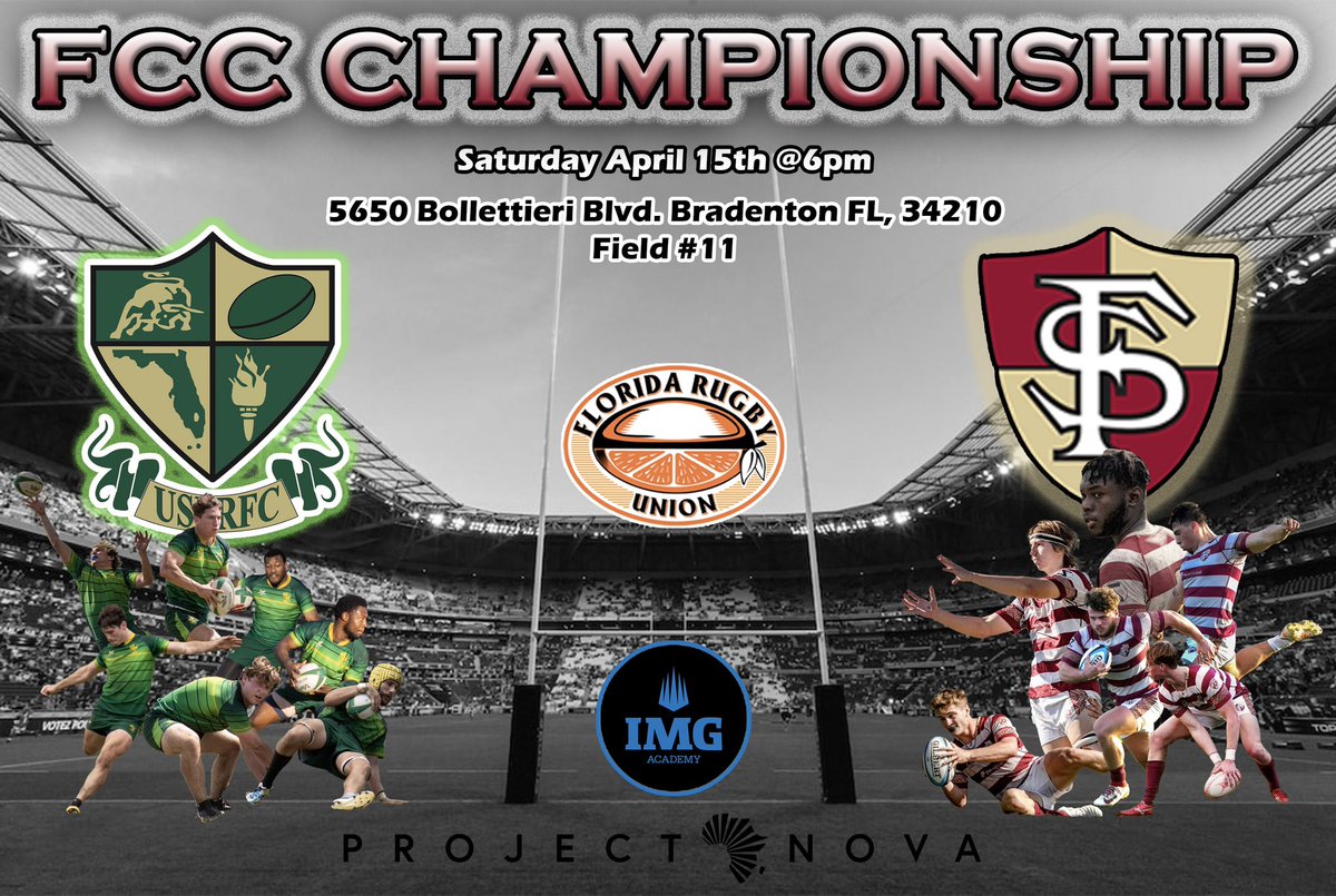 RugbyClubUSF's tweet photo. Tomorrow we battle against the Seminoles of FSU for the State Championship and for a spot at the CRAA Bowl National Championship! Be there! 🤘🏻

IMG Academy Soccer Fields
5650 Bollettieri Blvd, 
Bradenton, FL 34210
6pm Kickoff on Field 11

#GoBulls #ForTheBoys https://t.co/iMvkazwyi0