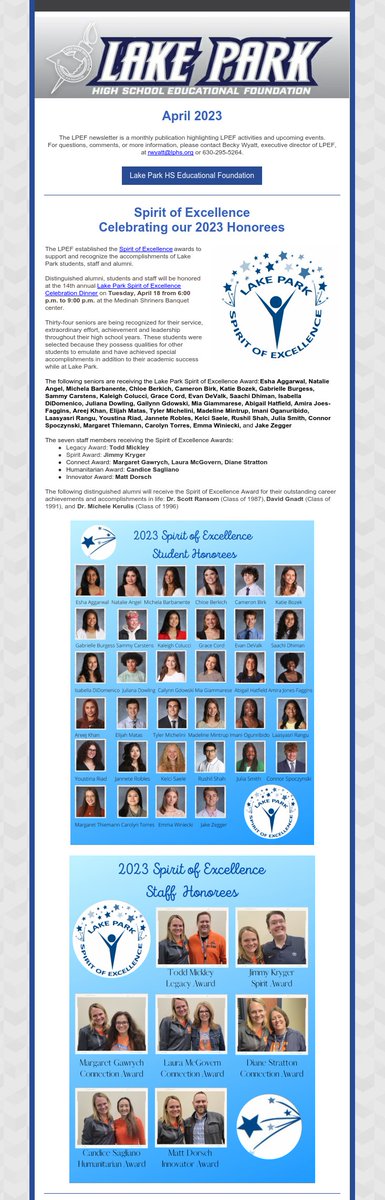 The April newsletter is now available! Read about the 2023 Spirit of Excellence awards honoring 34 students, 7 staff members &amp; 3 distinguished alumni, Giving DuPage Days, Flags for Roselle and more! 
conta.cc/3KZTl6A #WeAreLakePark