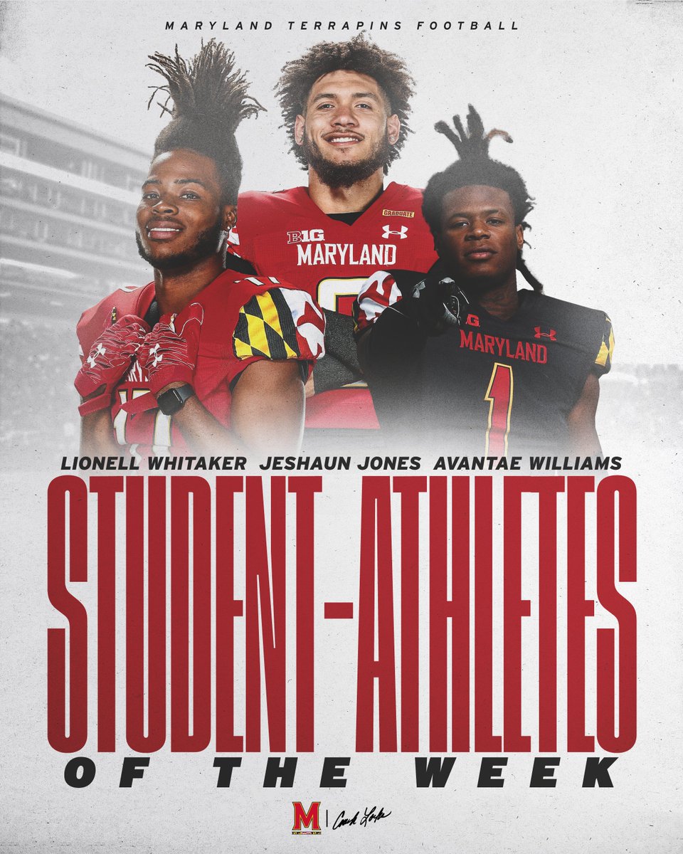 TerpsFootball's tweet photo. Congrats to our Student-Athletes of the Week!

@LionellWhitaker, @JeshaunJones06, Avantae Williams

#TBIA https://t.co/sjY12CTBz9