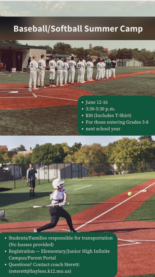 BaylessSoftball's tweet photo. The softball and baseball teams have teamed up and will be putting on a summer camp for some of our elementary and middle school students! 

See the attached flyer for more information. https://t.co/HkXKwvvtng