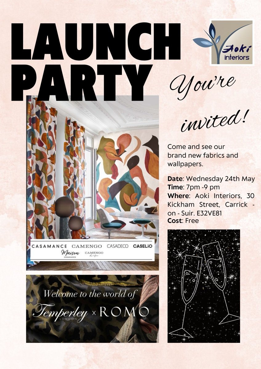 AokiInteriors's tweet photo. You are invited to come along on the 24th of May at 7pm to an exciting launch where you will get to preview the newest fabrics and wallpapers from some of our most prestigious brands 

Please message us to register for this event or get your free tickets through eventbrite (bio) https://t.co/mBsHJeVgXF
