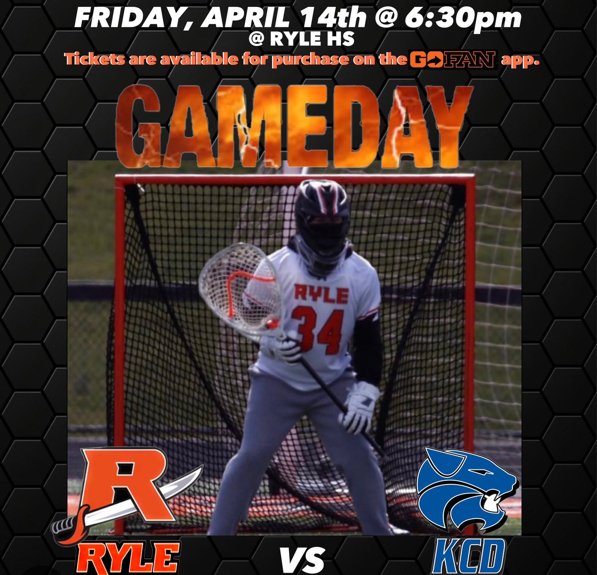 LacrosseRyle's tweet photo. ITS GAMEDAY  RYLE vs KCD!

Tonight @ RYLE: 
FRIDAY, APRIL 14th @ 6:30pm

* Tickets are available for purchase on the GO FAN app!

LET’s GO RAIDER NATION! 
TIME TO RALLY!   🧡🖤 https://t.co/h9af89yPY1