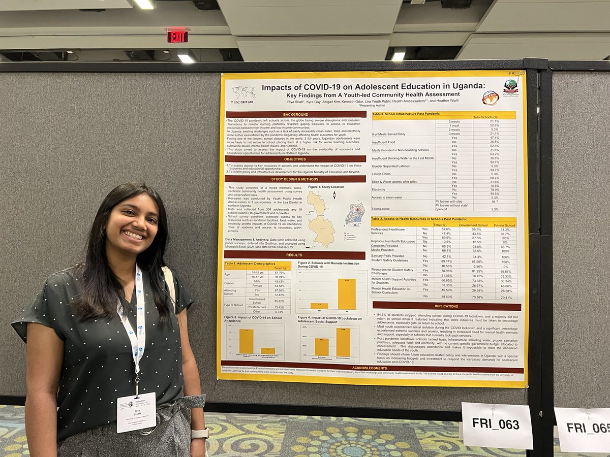 If you’re at #CUGH2023 please stop by and chat with @uscpphs undergrad student Riya Shah about our research on the impact of #COVID19 on educational access for adolescents in northern Uganda! Go Riya!!