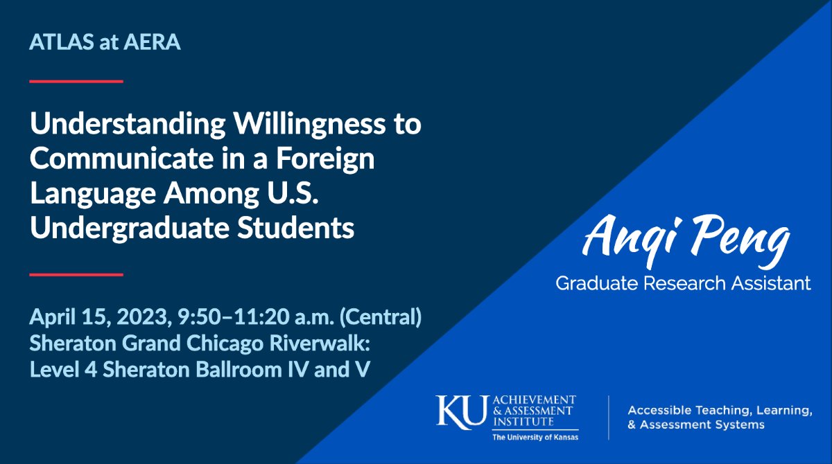 atlas4learning's tweet photo. Anqi Peng has been with ATLAS since June 2022. Learn more about her contributions in examining the impact of classroom social climate, language mindset, and academic emotions on college students’ willingness to communicate in a foreign language.

#AERA23 #NCME23 https://t.co/lRzayH2wfW