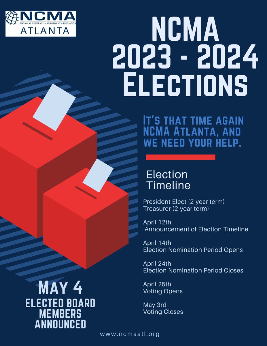 NCMA Atlanta, Your Participation Is Critical to the Chapter’s Future Success!
It's that time again NCMA Atlanta, and we need your help. Please review the election timeline and cast your votes! Visit buff.ly/3CkH8Eh for more information.
#ncma #govcon