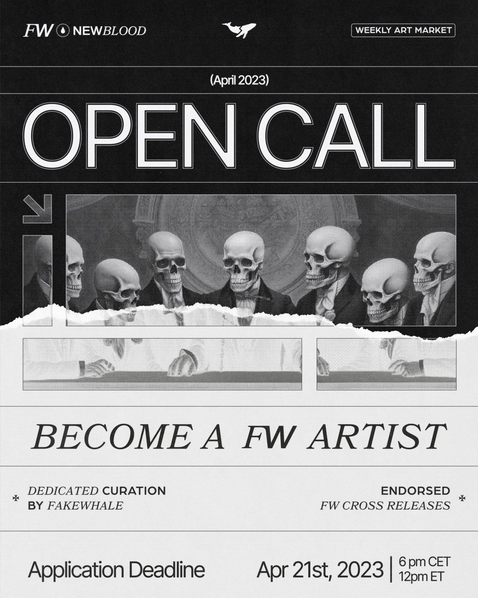 FW | OPEN CALL

Become a Fakewhale artist.

▪️ Dedicated Curatorial Activities
▪️ Endorsed FW CROSS Releases 

To Apply: share your work below &amp; retweet
Deadline: April 21st // 12 am ET