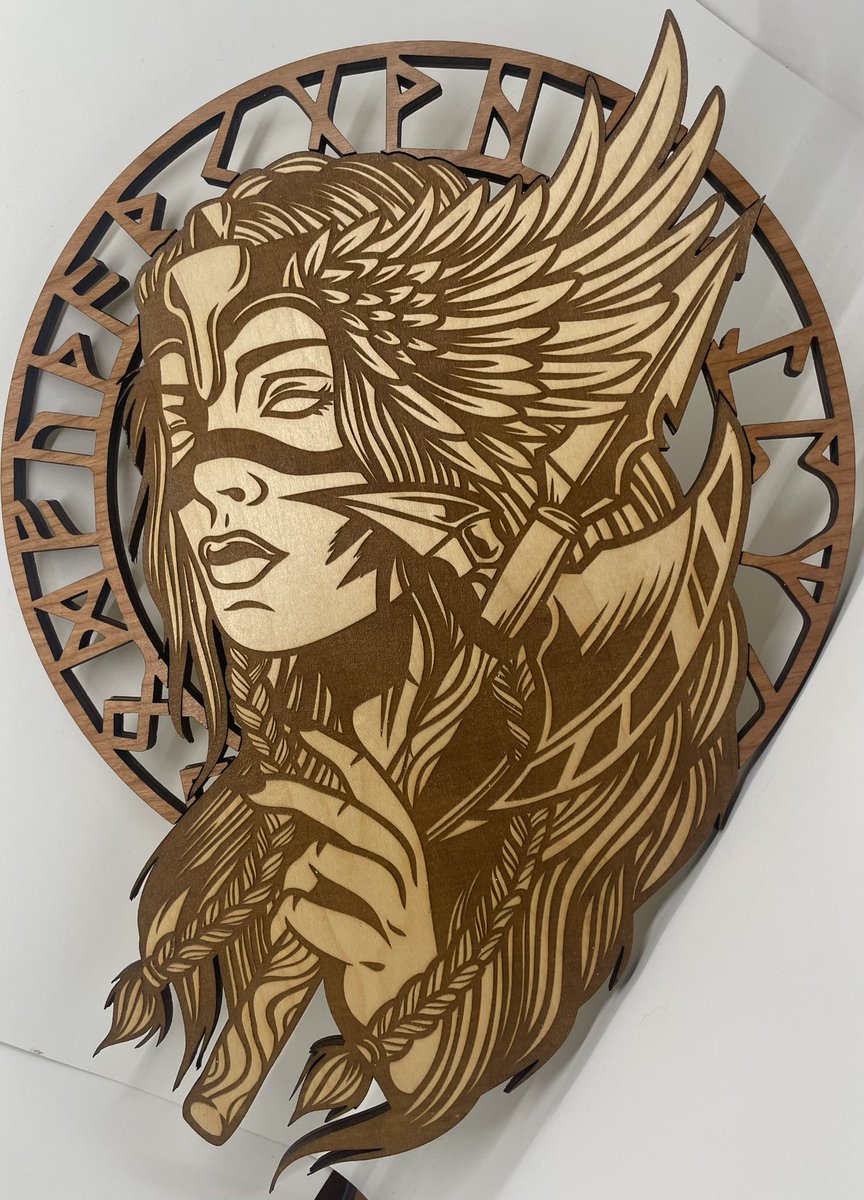 It has been awhile since I have posted but I am still here!  This is a new piece I did for a good friend.  #valkyrie #maple #cherry #laser  #runes #viking #engraving
