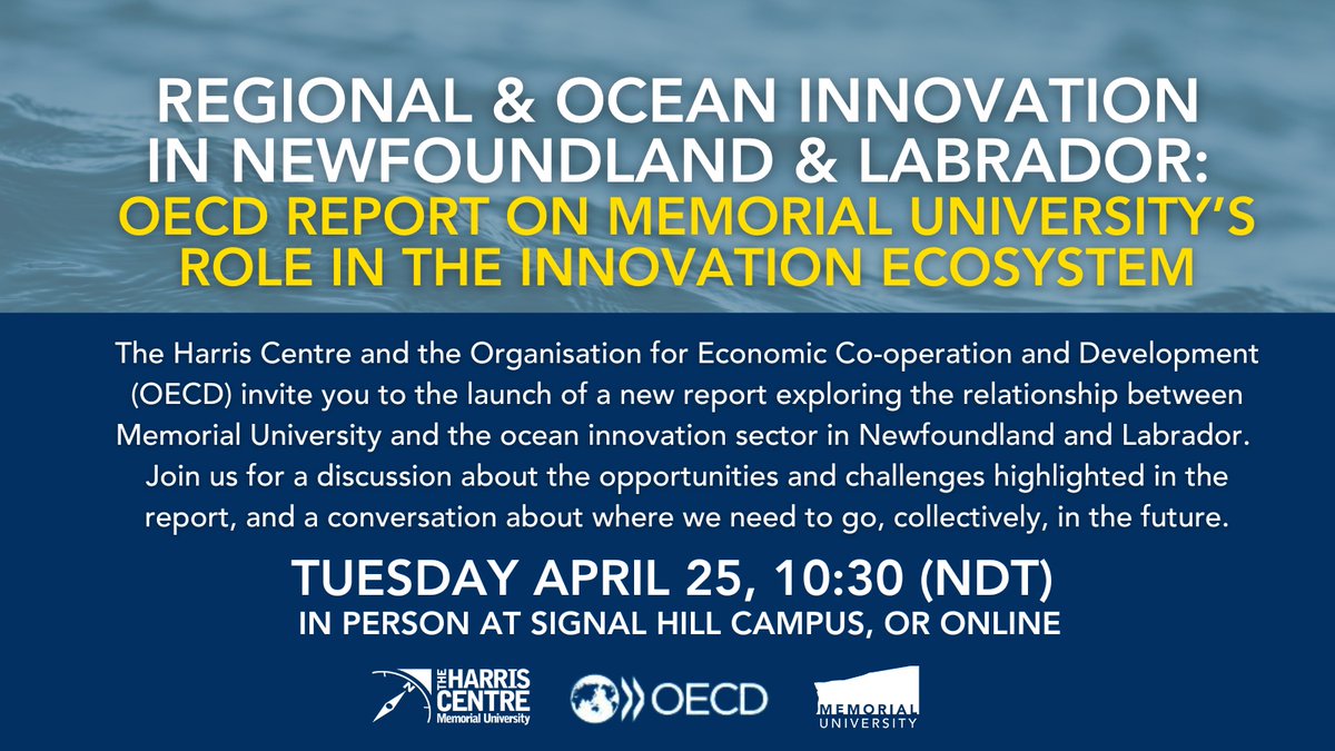 Join us &amp; <a href="/OECD/">OECD ➡️ Better Policies for Better Lives</a> for the launch of their report exploring the relationship b/w <a href="/MemorialU/">Memorial University</a>  &amp; NL's ocean innovation sector. We'll be discussing opportunities &amp; challenges &amp; considering where we need to go in the future. Register Now: events.constantcontact.com/register/event…