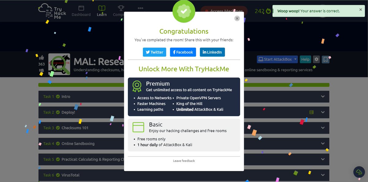 DhruvAg092003's tweet photo. Day 242: Completed another room of MAL: Researching on @tryhackme.  Check it out:  https://t.co/NHfUaBzlo2 
All thanks to you @bettercallmanav for your help and support.
#malwareanalysis #cryptography #hashtab #hybridanalysis #virustotal #windows #malware #malresearching https://t.co/gysfgr5VL6