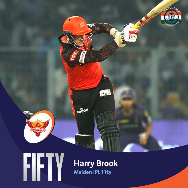 thebharatarmy's tweet photo. 🧡 BROOK HAS ARRIVED! Harry Brook brings up a stunning maiden IPL fifty. 

📷 BCCI • #KKRvSRH #IPL #IPL2023 #TATAIPL #BharatArmy https://t.co/pork8NCq57