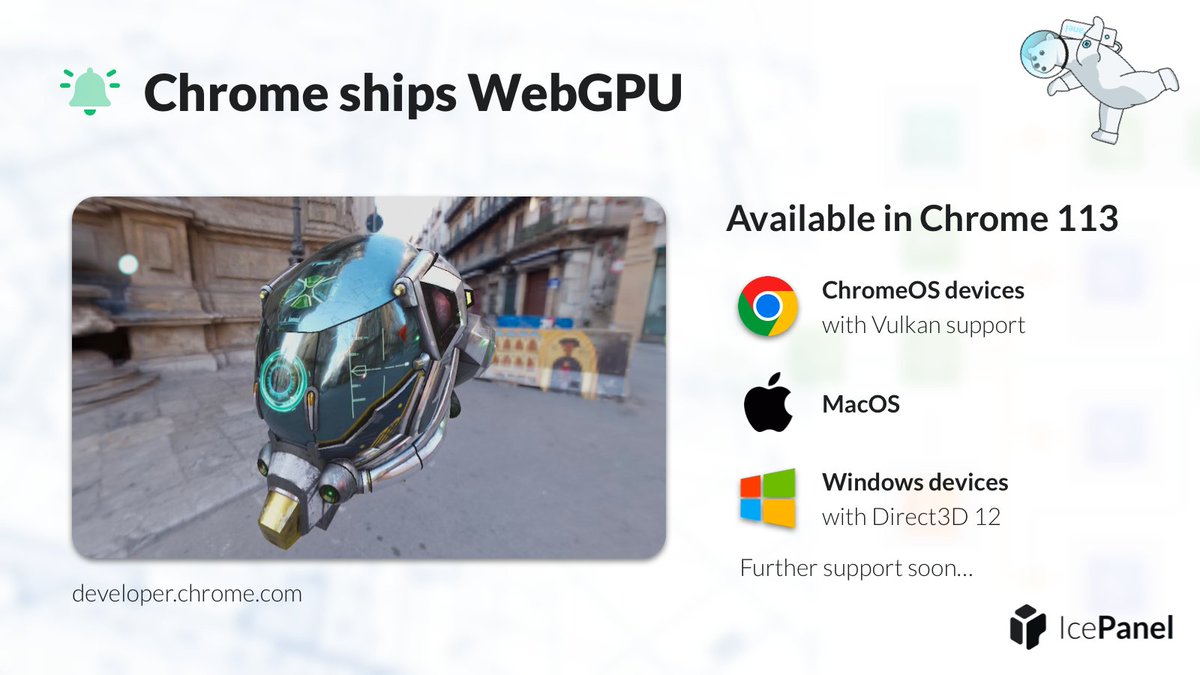 ice_panel's tweet photo. WebGPU just shipped in Chrome 113, allowing high-performance 3D graphics and data-parallel computation on the web

https://t.co/GF4CAkia5J

#chrome #webgpu #webdevelopment #softwareengineering #graphicsdevelopment https://t.co/MWhOxfxkA9