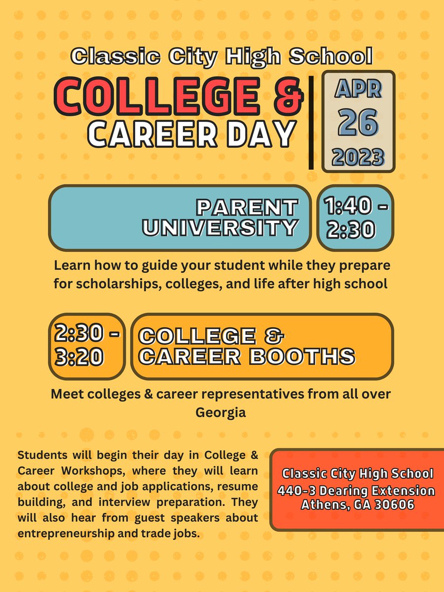ClassicCityHS's tweet photo. Classic City High School is proud to present College &amp; Career Day 2023! Parents are invited to join us for Parent University &amp; the Booth Fair. 

Mark your calendars for April 26 at 1:40pm! https://t.co/5w8Ld7Zi9j