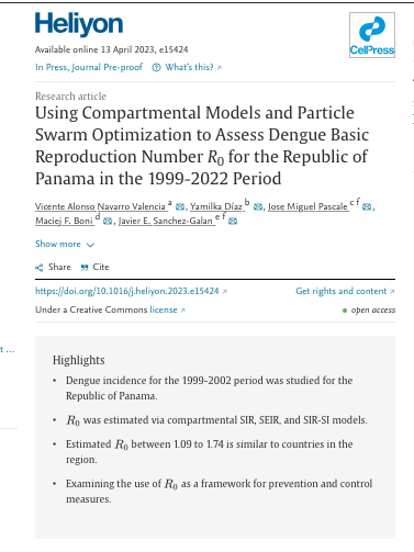 j_sgalan's tweet photo. Happy to announce our latest article on #Dynamical #Modeling of #Dengue R0 for #Panama in the 1999-2022 period https://t.co/m0I4rhsNdM. Thanks to @Vicente675A for pushing me in this direction. Kudos to all collaborators at @InstitutoGorgas @ciddpsu #optimization #ML #biomath https://t.co/byReUrafwx