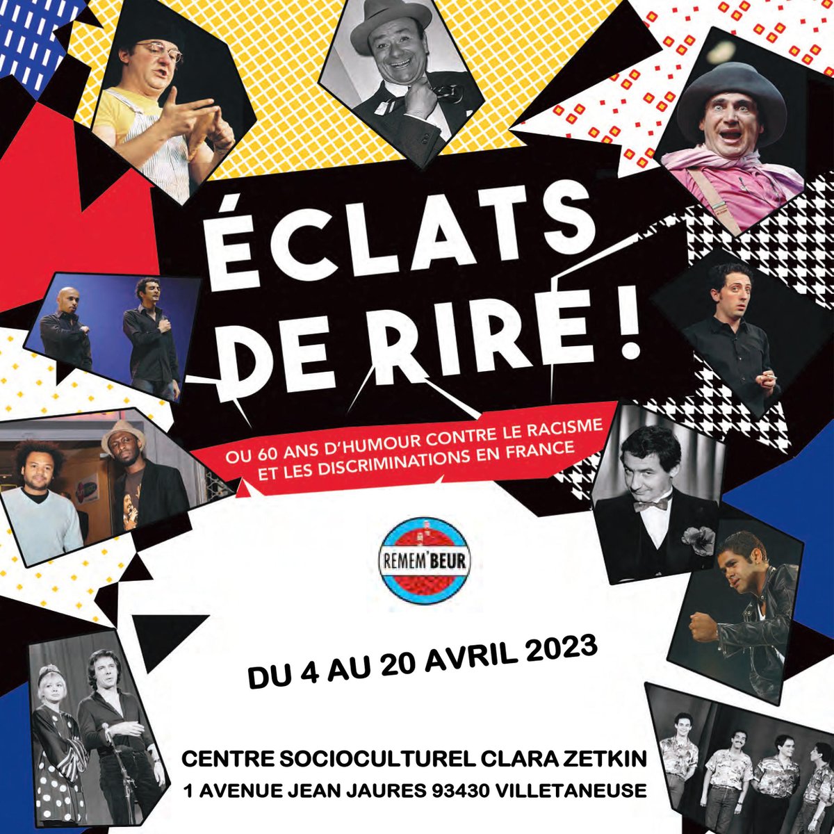 Villetaneuse's tweet photo. 🎨 😆 EXPO "ÉCLATS DE RIRE !" à découvrir en ce moment au centre socioculturel Clara-Zetkin jusqu'au jeudi 20 avril prochain. Une exposition en partenariat avec l’association REMEMBEUR.

+d'infos sur notre site web #Villetaneuse ➡ https://t.co/eZcbja0563
#Villetaneuse #Remembeur https://t.co/Vjmzw8WAH2
