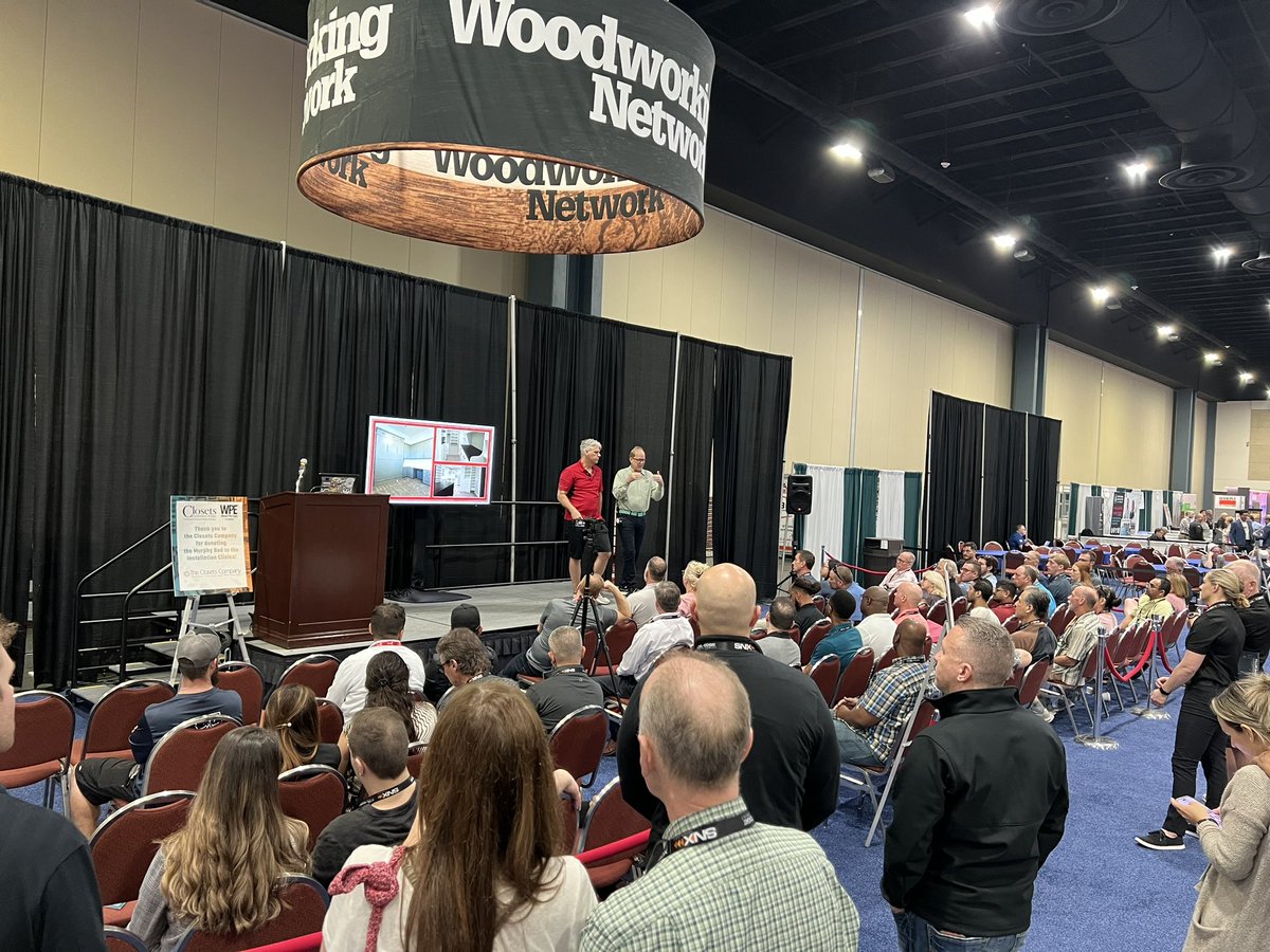 WoodworkingBiz's tweet photo. It’s a packed house for the Installation 2.0 Clinic at the Closets Conference / Wood Pro Expo Florida, hosted by Eric Marshall and Derrek Holland! #ClosetsCon #WoodProExpo https://t.co/vGQ1zV0XAP