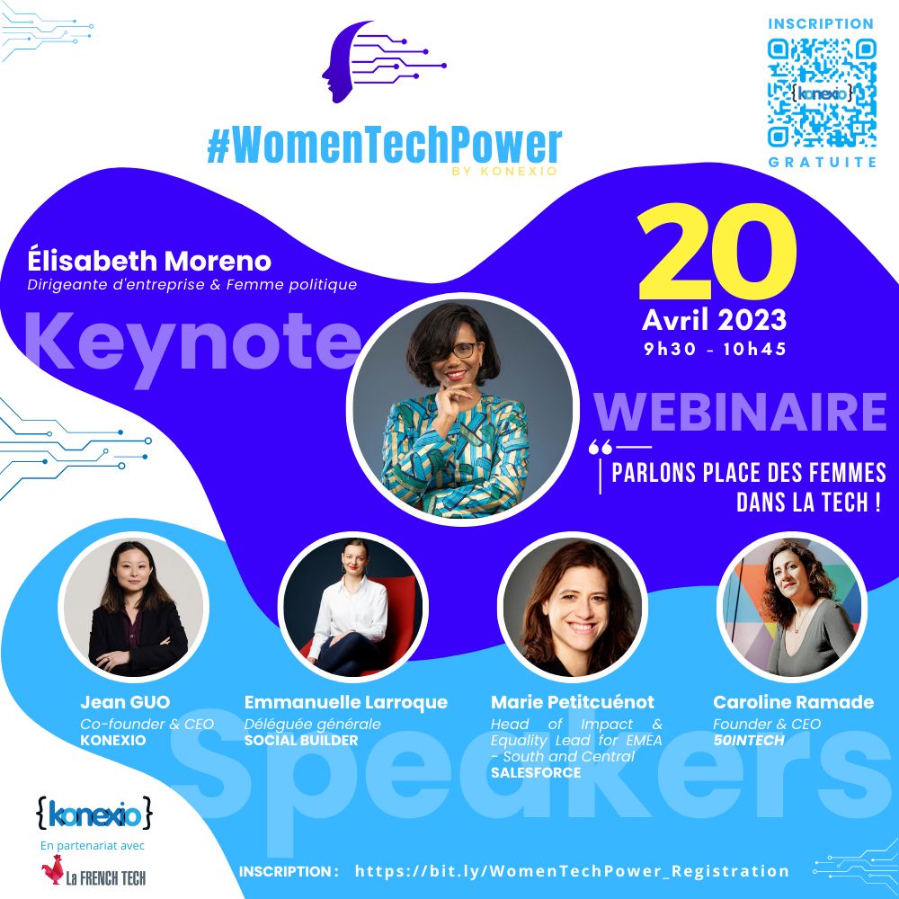 📅Inscrivez-vous au 1er webinaire #WomenTechPower qui aura lieu le 20 avril à 9h30 !📢Le thème : 'Secteur de la Tech : où sont les femmes ?' 🎙Intervenantes : @1ElisaMoreno @emmalarroque @carolineramade @Marie_PetitC @jean_n_guo Lien d’inscription : 👉  bit.ly/WomenTechPower…