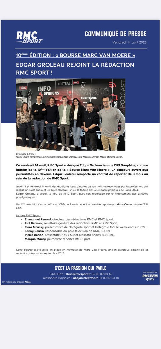 renardmanu's tweet photo. Edgar Groleau rejoint @RMCsport 🚨
Edgar, étudiant en journalisme à @IPJdauphine, est le lauréat 2023 de la « bourse Marc Van Moere » de RMC. Welcome @edgar_groleau ! https://t.co/j1TK3JT75A