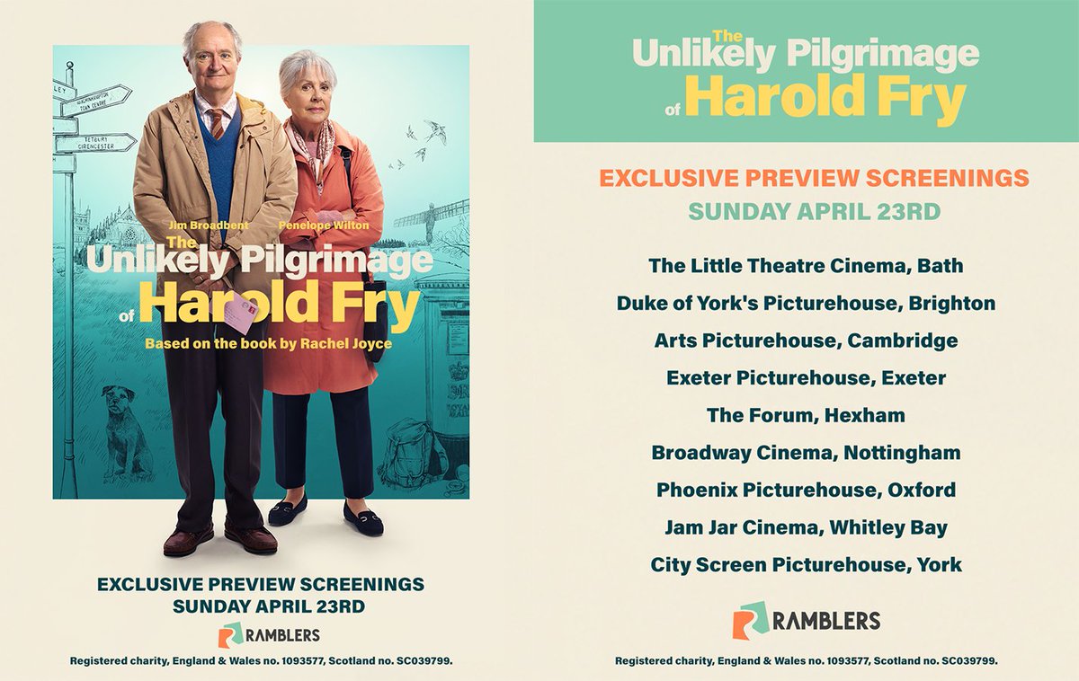 We’ve partnered with @RamblersGB to offer chance to attend one of several exclusive preview screenings of #HaroldFryFilm taking place across the country on Sunday 23rd of April. Find your nearest preview screening and book tickets here ➡️ haroldfryfilm.co.uk