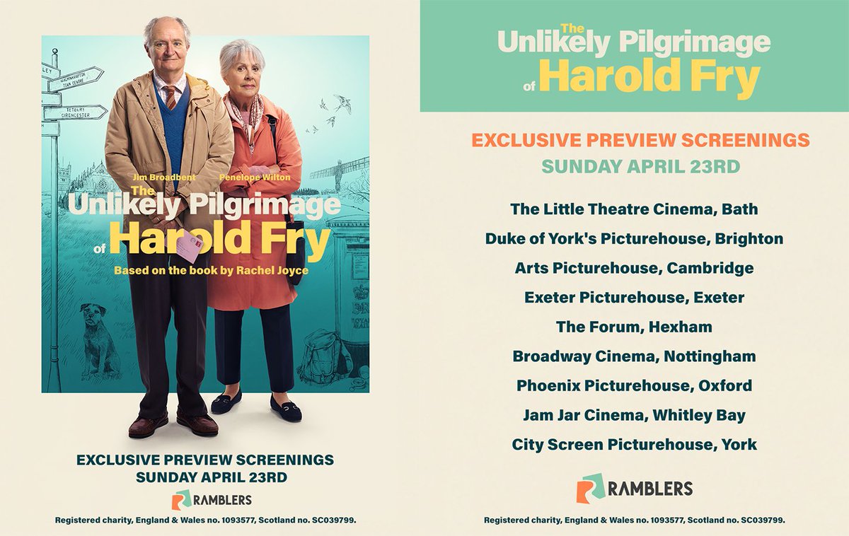 We’ve partnered with <a href="/RamblersGB/">RamblersGB</a> to offer chance to attend one of several exclusive preview screenings of #HaroldFryFilm taking place across the country on Sunday 23rd of April. Find your nearest preview screening and book tickets here ➡️ haroldfryfilm.co.uk