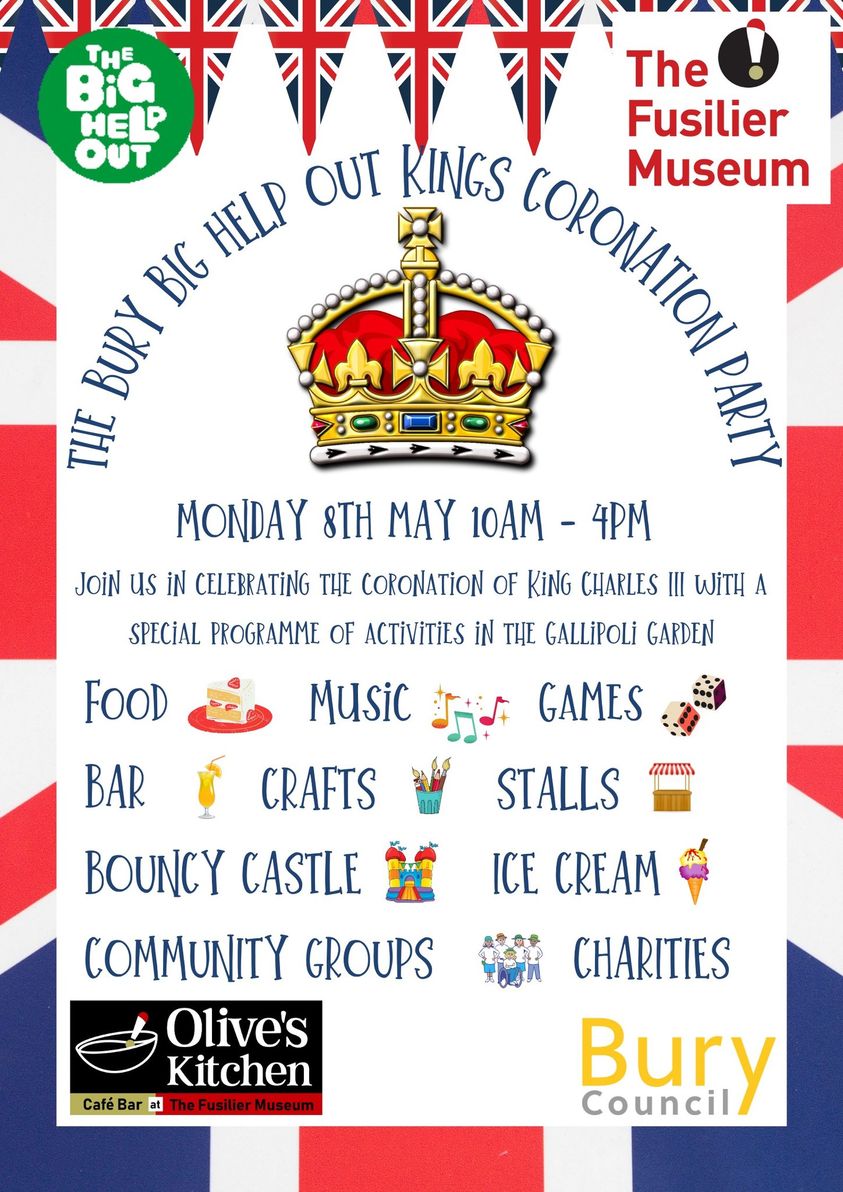 Fusilier Museum (@fusiliermuseum) on Twitter photo A get together in the Gallipoli garden to celebrate King Charles III coronation. Make sure you join us - lots going on for all the family to enjoy!
<a href="/oliveskitchenuk/">Olive's Kitchen</a> <a href="/BuryCouncil/">Bury Council</a> #coronation #bury #joinus A get together in the Gallipoli garden to celebrate King Charles III coronation. Make sure you join us - lots going on for all the family to enjoy!
<a href="/oliveskitchenuk/">Olive's Kitchen</a> <a href="/BuryCouncil/">Bury Council</a> #coronation #bury #joinus