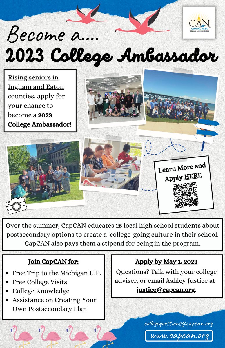 CapitalAreaCAN's tweet image. Apply for your chance to become a 2023 #CollegeAmbassador! Over the summer, CapCAN educates 25 rising high school seniors from Ingham and Eaton counties about the postsecondary options available to them. Learn more and apply here: docs.google.com/document/d/1zL… #Plan4College