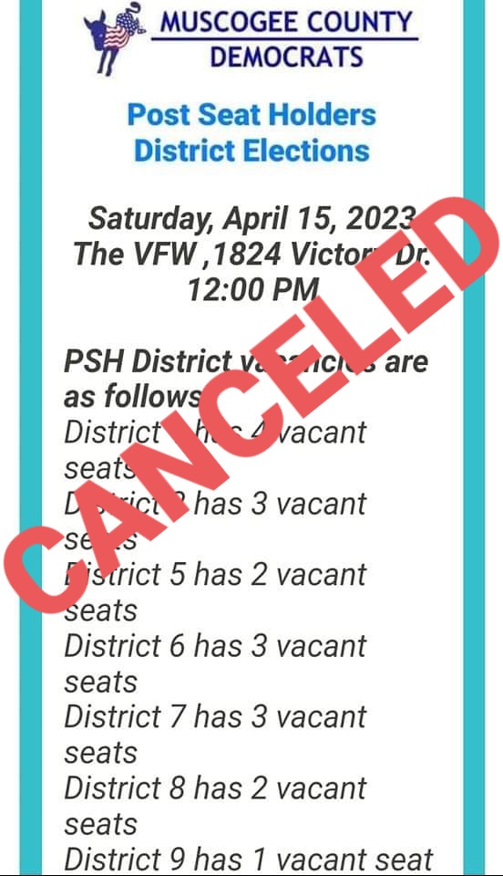 MuscogeeDems's tweet photo. Due to only receiving (9) Affidavits to fill (16) PSH vacancies, our 2nd CD Chair has canceled this Election. Per the Bylaws, we only host PSH Elections during Gubernatorial and Presidential years. Please be on the lookout for the next public notice. Thank you for your interest! https://t.co/L2nICaP5QM