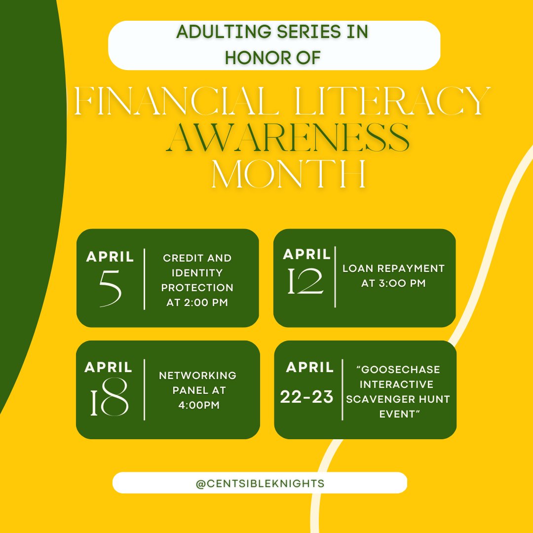 Join us for Financial Literacy Awareness Month! Make sure you RSVP!
.
.
.
 #americasaves #financialliteracy #ucf #ucfstudent #centsibleknights #chargeon