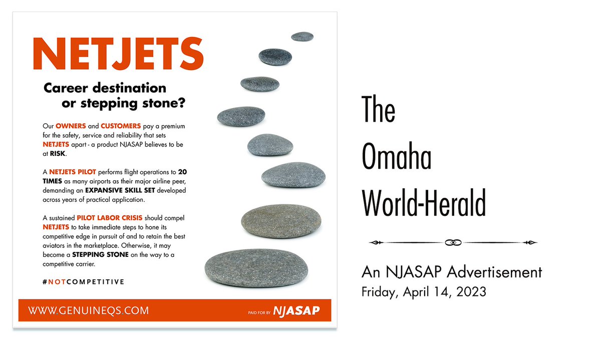 NJASAP's tweet photo. In today’s “Omaha World-Herald,” NJASAP speaks to the increasingly competitive pilot marketplace and how NetJets must take bold steps to maintain a pilot force with unmatched experience. Otherwise, it risks becoming a career stepping stone ...  Visit https://t.co/7INCopiAwO https://t.co/DjUhabfDim