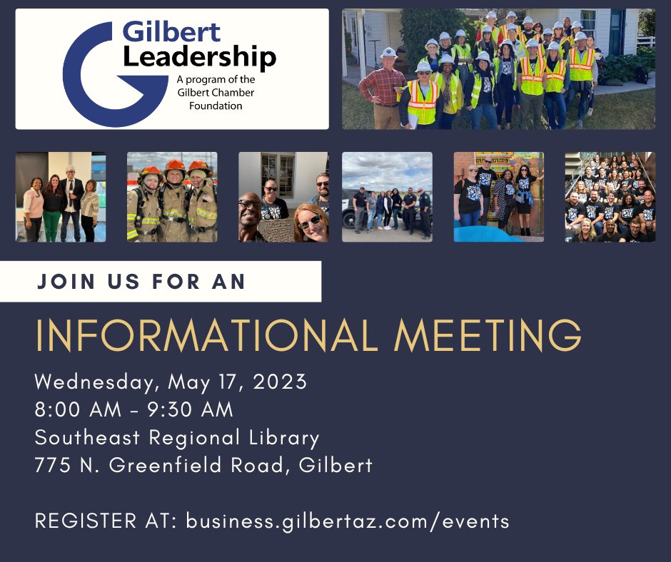 GilbertChamber's tweet photo. Gilbert Leadership is accepting applications for Class 32. Join us for breakfast &amp; an informational meeting about the program's objectives, requirements, learning days, &amp; more. Also, hear from program alums &amp; their perspective on the program's value. Visit https://t.co/71EbuzQg8H https://t.co/IUaAQ2YFtG
