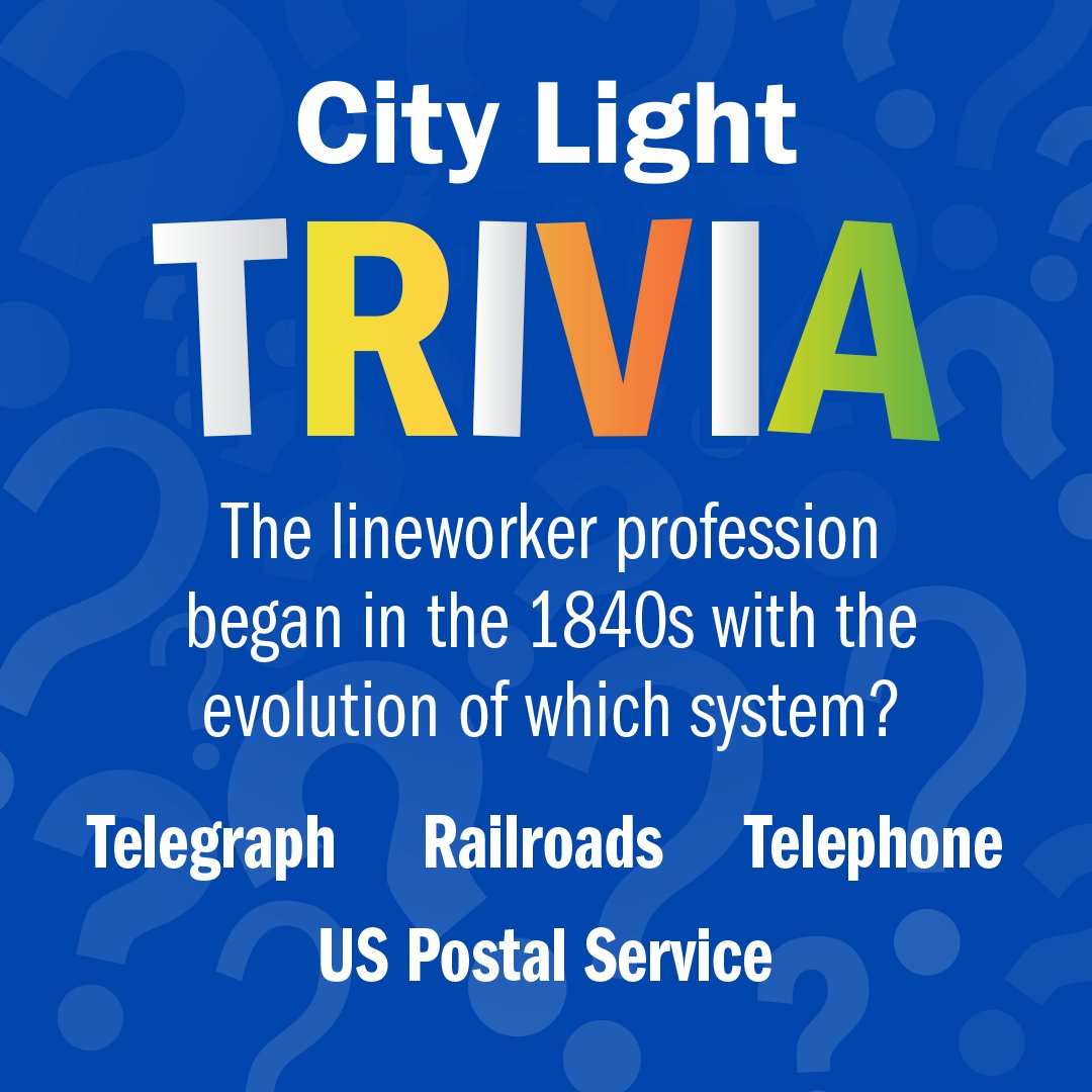 SEACityLight's tweet photo. Do you know which system kicked off the lineworker profession?
Comment your guess to this week's #CityLightTrivia question ๐ค๏ธ๐ง๐ฎโ๏ธ https://t.co/d778H1lgRe