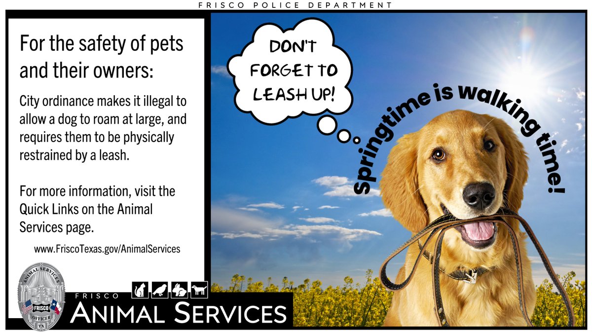 FriscoPD's tweet photo. Your #FurryFriday friendly reminder: Don't forget to #LeashUp! For the safety of pets and their owners, city ordinance makes it illegal to allow a dog to roam at large and requires them to be physically restrained by a leash. Visit https://t.co/uX7GyUF7W7 for more information. https://t.co/qndFZiYzfX