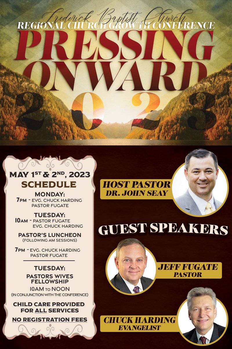 2023 REGIONAL CHURCH GROWTH CONFERENCE 

This fast approaching conference is just around the corner! We would be honored to have you join us for this exciting event. <a href="/PastorJSeay/">Pastor John Seay</a> <a href="/drjefffugate/">Pastor Jeff Fugate</a> <a href="/Mission2America/">Dr. Chuck Harding</a>