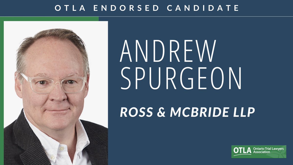 OntarioTLA's tweet photo. OTLA member Andrew Spurgeon is seeking re-election in the @LawSocietyLSO #BencherElection. Andrew is counsel at @rossmcbridellp and past president of the @HLAlibrary. You can read more about Andrew and the other OTLA endorsed candidates here - https://t.co/wY9BEpFww1 https://t.co/1XQxRPV0KO